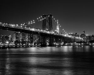 Preview wallpaper bridge, lights, river, night, black and white