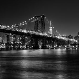 Preview wallpaper bridge, lights, river, night, black and white