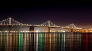 Preview wallpaper bridge, lights, river, reflection, night