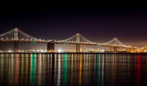 Preview wallpaper bridge, lights, river, reflection, night