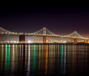 Preview wallpaper bridge, lights, river, reflection, night