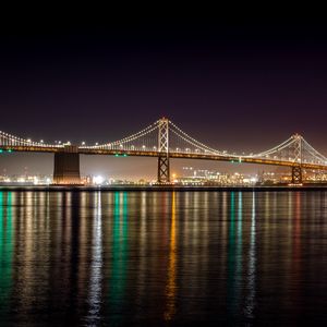 Preview wallpaper bridge, lights, river, reflection, night