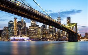 Preview wallpaper bridge, lights, skyscrapers, city, twilight