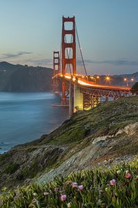 Preview wallpaper bridge, lights, slope, sea, strait