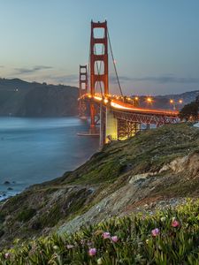 Preview wallpaper bridge, lights, slope, sea, strait