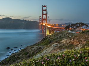 Preview wallpaper bridge, lights, slope, sea, strait