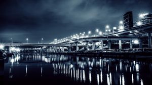 Preview wallpaper bridge, lights, water, reflection, night, dark