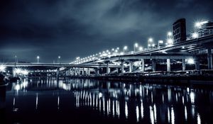 Preview wallpaper bridge, lights, water, reflection, night, dark