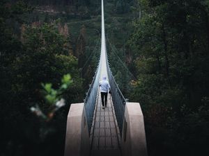 Preview wallpaper bridge, man, alone, nature, view