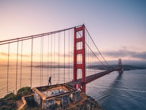 Preview wallpaper bridge, man, architecture, construction, bay