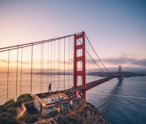 Preview wallpaper bridge, man, architecture, construction, bay