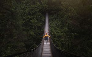 Preview wallpaper bridge, man, hanging, trees, forest, vancouver, canada