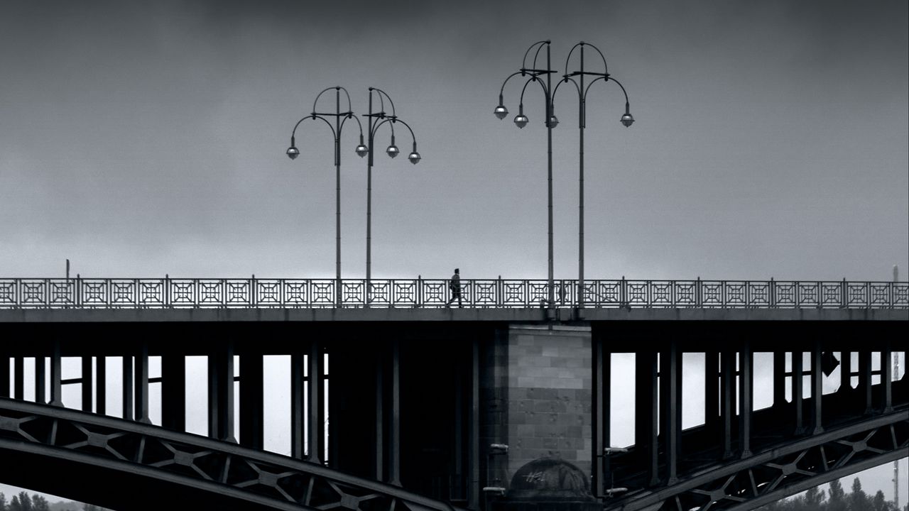 Wallpaper bridge, man, lights, architecture, water, black and white