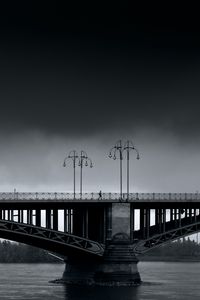 Preview wallpaper bridge, man, lights, architecture, water, black and white