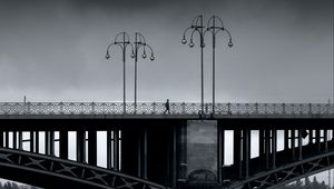 Preview wallpaper bridge, man, lights, architecture, water, black and white