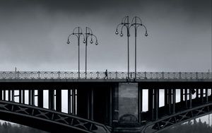 Preview wallpaper bridge, man, lights, architecture, water, black and white