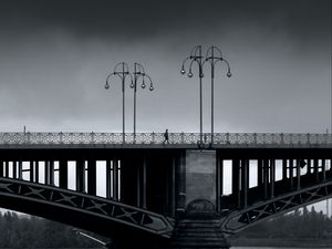 Preview wallpaper bridge, man, lights, architecture, water, black and white