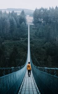 Preview wallpaper bridge, man, loneliness, cable bridge, nature