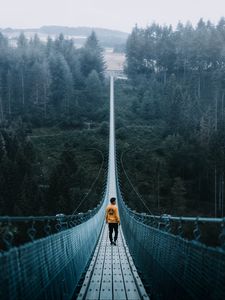 Preview wallpaper bridge, man, loneliness, cable bridge, nature