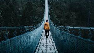 Preview wallpaper bridge, man, loneliness, cable bridge, nature