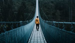 Preview wallpaper bridge, man, loneliness, cable bridge, nature