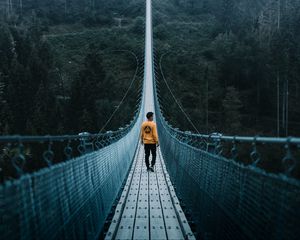 Preview wallpaper bridge, man, loneliness, cable bridge, nature