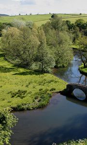 Preview wallpaper bridge, meadows, glade, height, trees, stone, arches