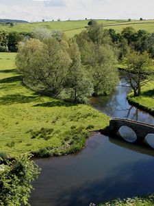 Preview wallpaper bridge, meadows, glade, height, trees, stone, arches