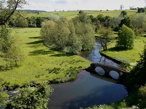 Preview wallpaper bridge, meadows, glade, height, trees, stone, arches