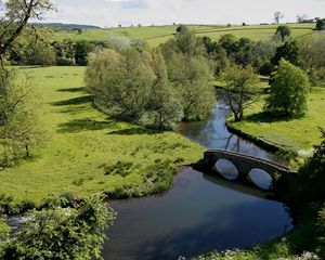 Preview wallpaper bridge, meadows, glade, height, trees, stone, arches