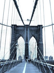 Preview wallpaper bridge, mist, morning, city, hanging, black white