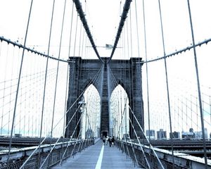 Preview wallpaper bridge, mist, morning, city, hanging, black white