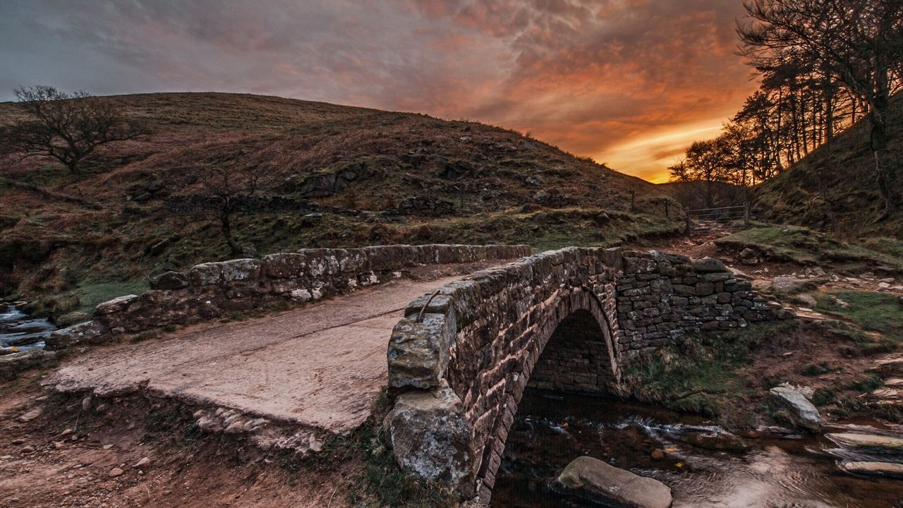 Wallpaper bridge, mountain river, evening, paints, colors, decline, stone