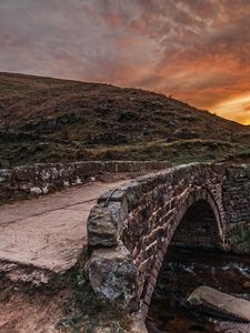 Preview wallpaper bridge, mountain river, evening, paints, colors, decline, stone