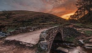 Preview wallpaper bridge, mountain river, evening, paints, colors, decline, stone