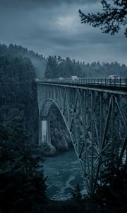 Preview wallpaper bridge, mountains, cars, evening