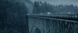 Preview wallpaper bridge, mountains, cars, evening