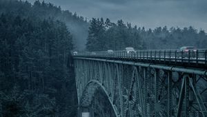 Preview wallpaper bridge, mountains, cars, evening