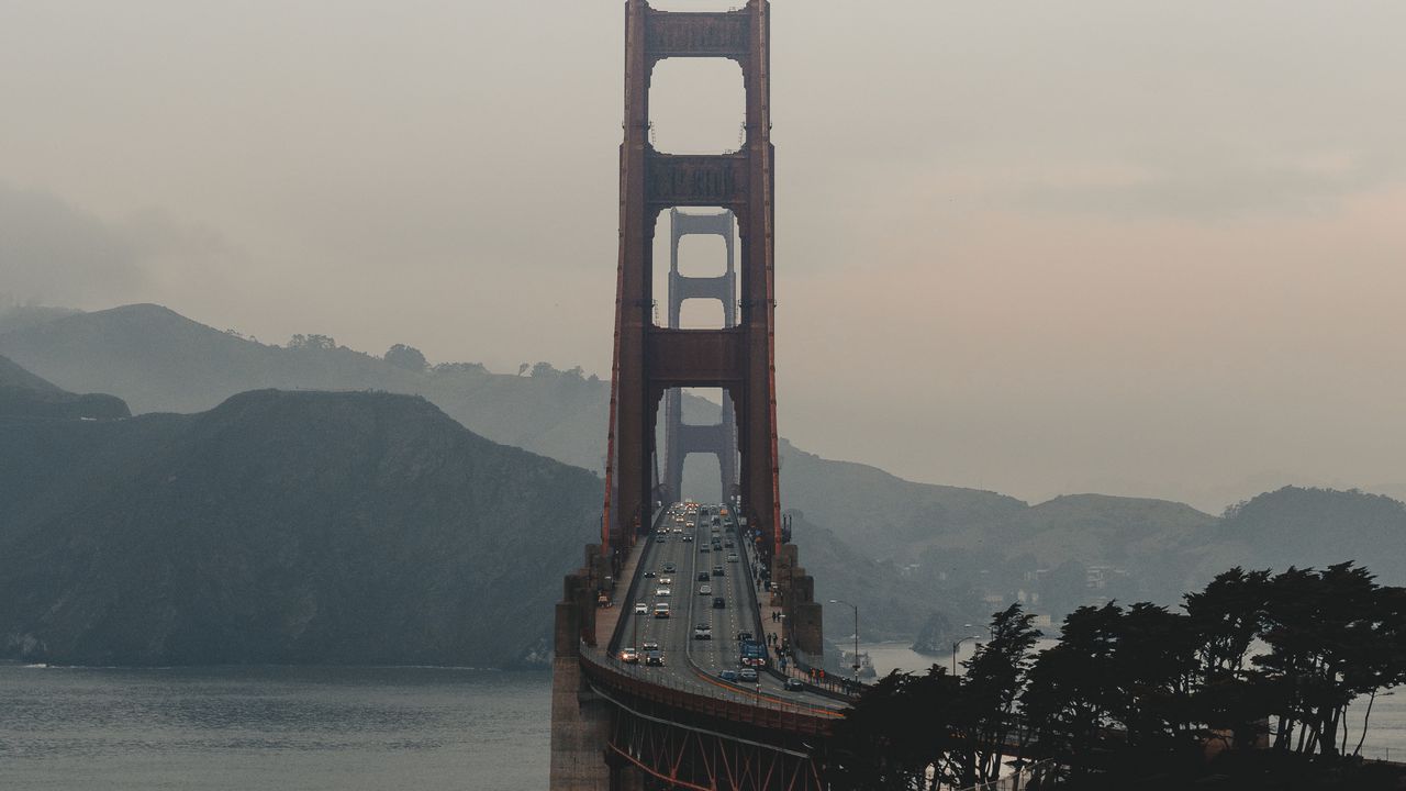 Wallpaper bridge, mountains, fog, coast, landscape