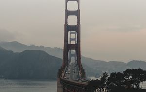 Preview wallpaper bridge, mountains, fog, coast, landscape