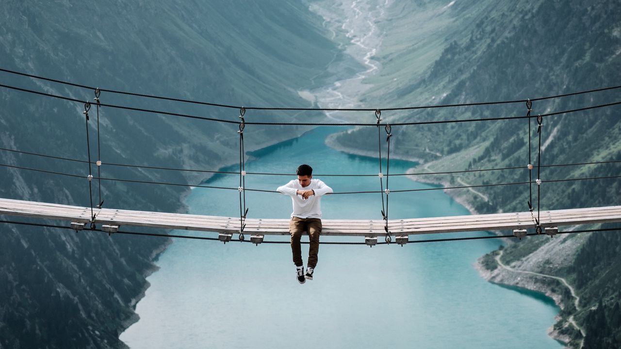 Wallpaper bridge, mountains, man, height, loneliness