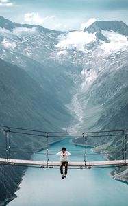 Preview wallpaper bridge, mountains, man, height, loneliness