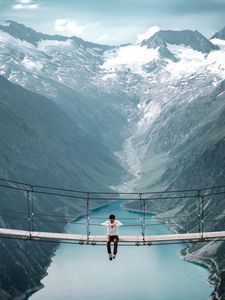 Preview wallpaper bridge, mountains, man, height, loneliness