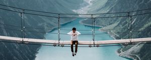 Preview wallpaper bridge, mountains, man, height, loneliness