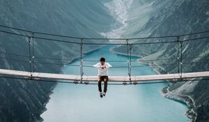 Preview wallpaper bridge, mountains, man, height, loneliness
