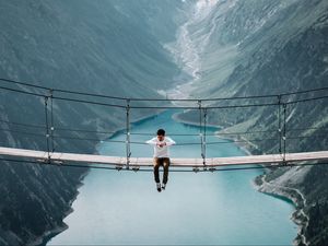 Preview wallpaper bridge, mountains, man, height, loneliness