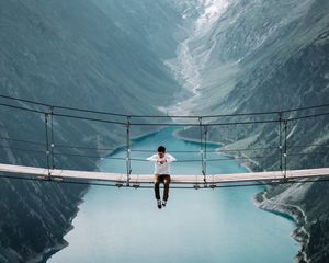 Preview wallpaper bridge, mountains, man, height, loneliness