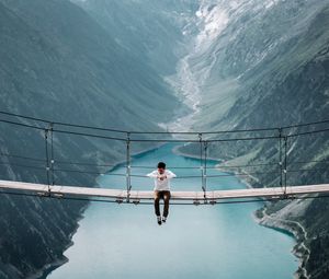 Preview wallpaper bridge, mountains, man, height, loneliness