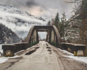 Preview wallpaper bridge, mountains, overcast