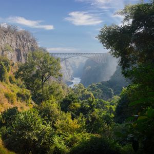 Preview wallpaper bridge, mountains, trees, river, landscape